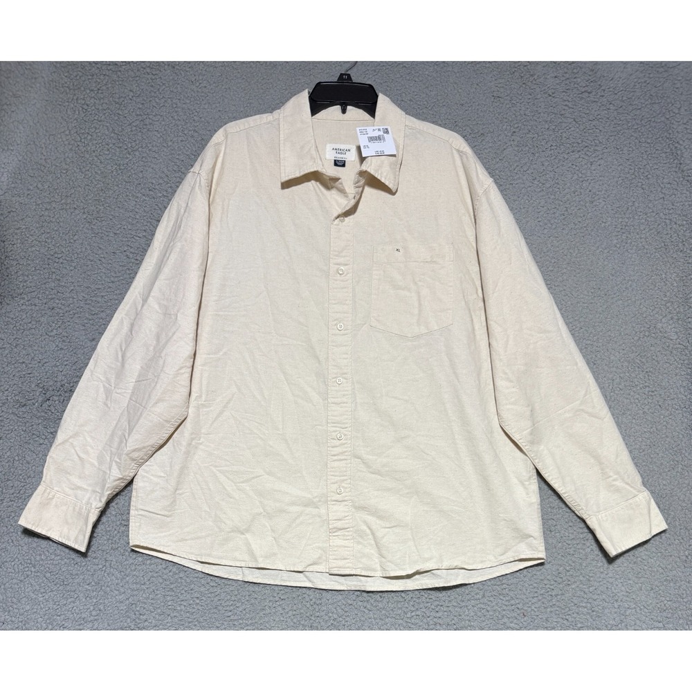 NEW American Eagle Relaxed Fit Off White Cream long sleeve button shirt Mens XL